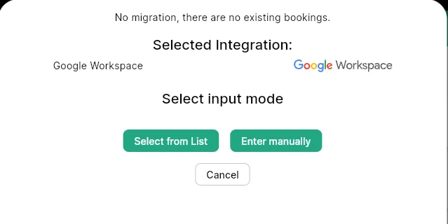 Select input mode dialog with Select from List and Enter manually options
