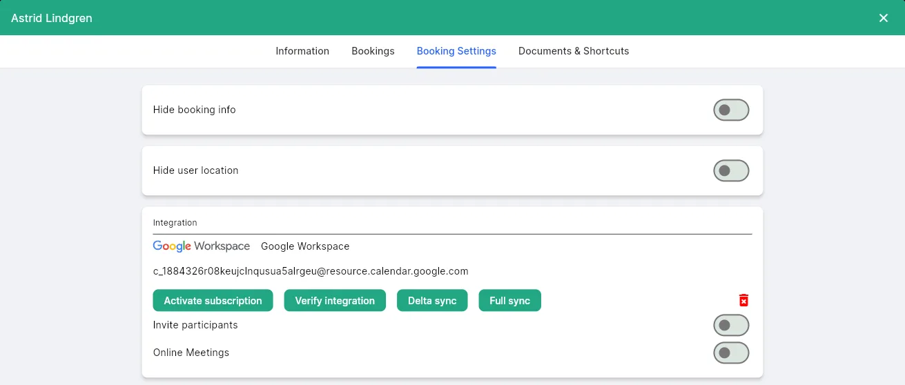 Booking Settings with Activate subscription, Verify integration, Delta sync and Full sync options