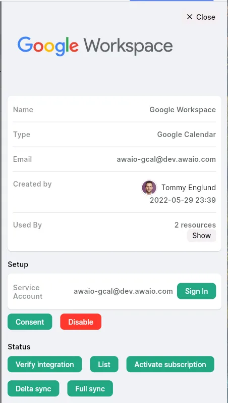 Google Workspace integration panel with setup and status controls