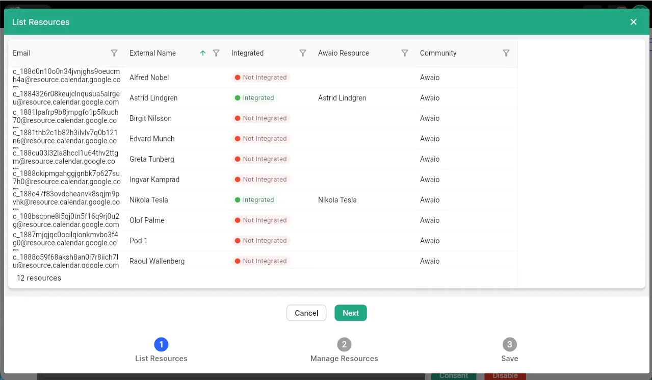 List Resources step showing Google room calendars and their integration status