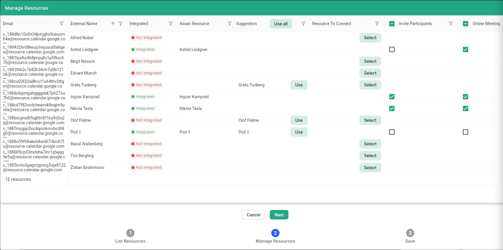 Manage Resources step with suggested matches, Use all, and per-room Invite Participants and Online Meeting toggles