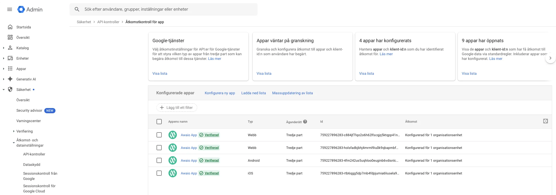 App access control overview with the list of configured apps