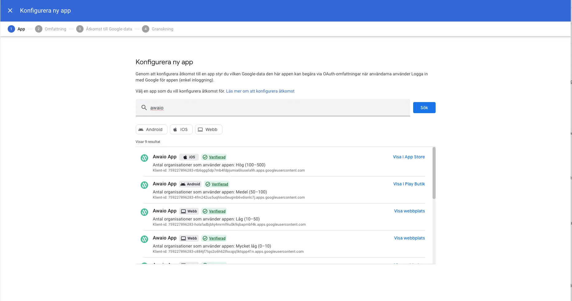 Configure new app dialog with Awaio search results for Android, iOS and Web