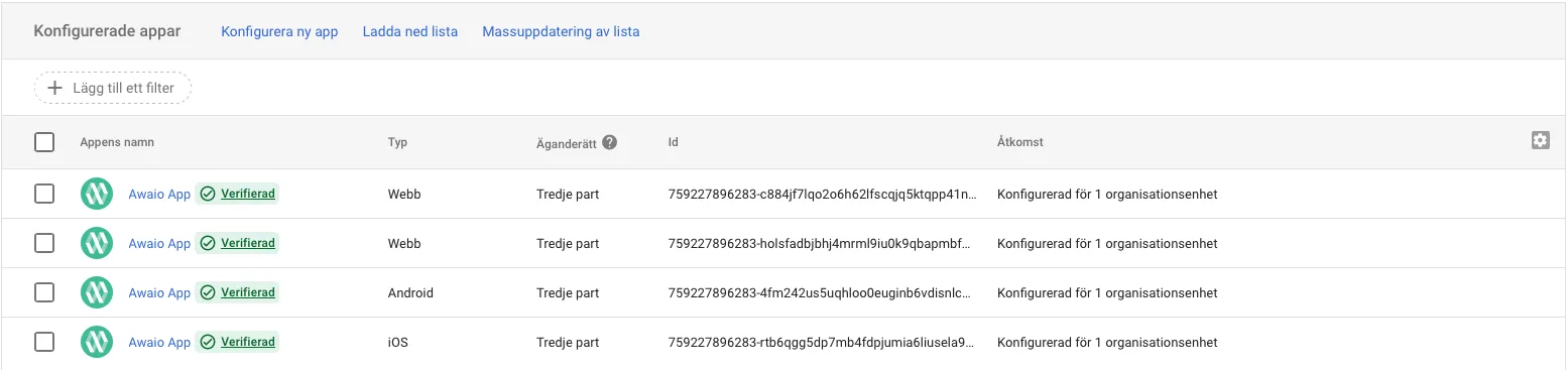 Configured apps list showing four verified Awaio App entries