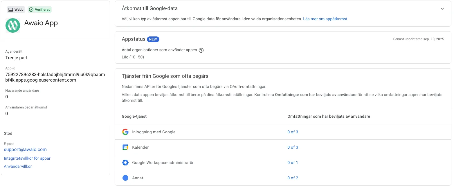 App access details for the Awaio Web Admin and Web App OAuth client