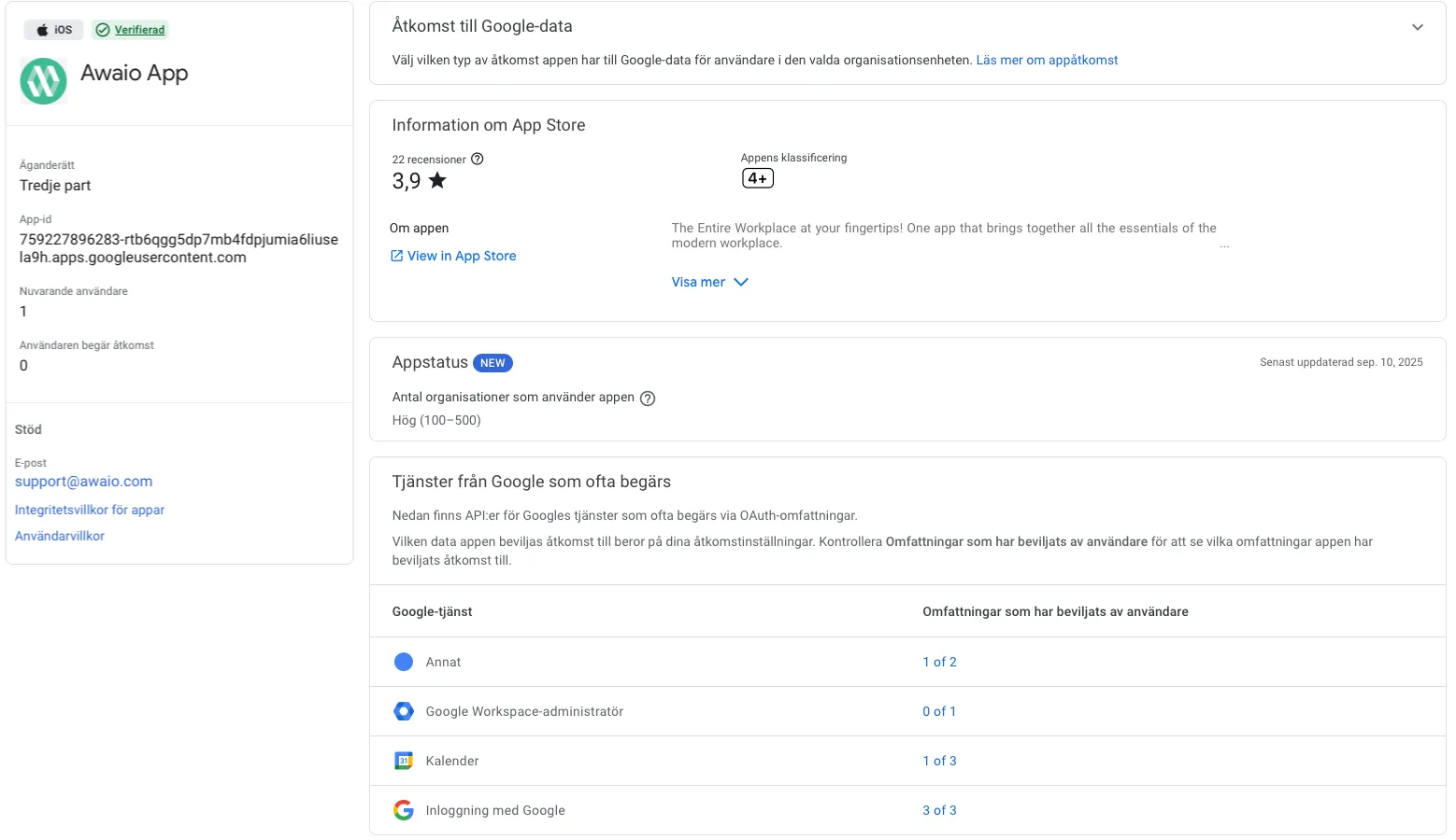 App access details for the Awaio iOS app OAuth client