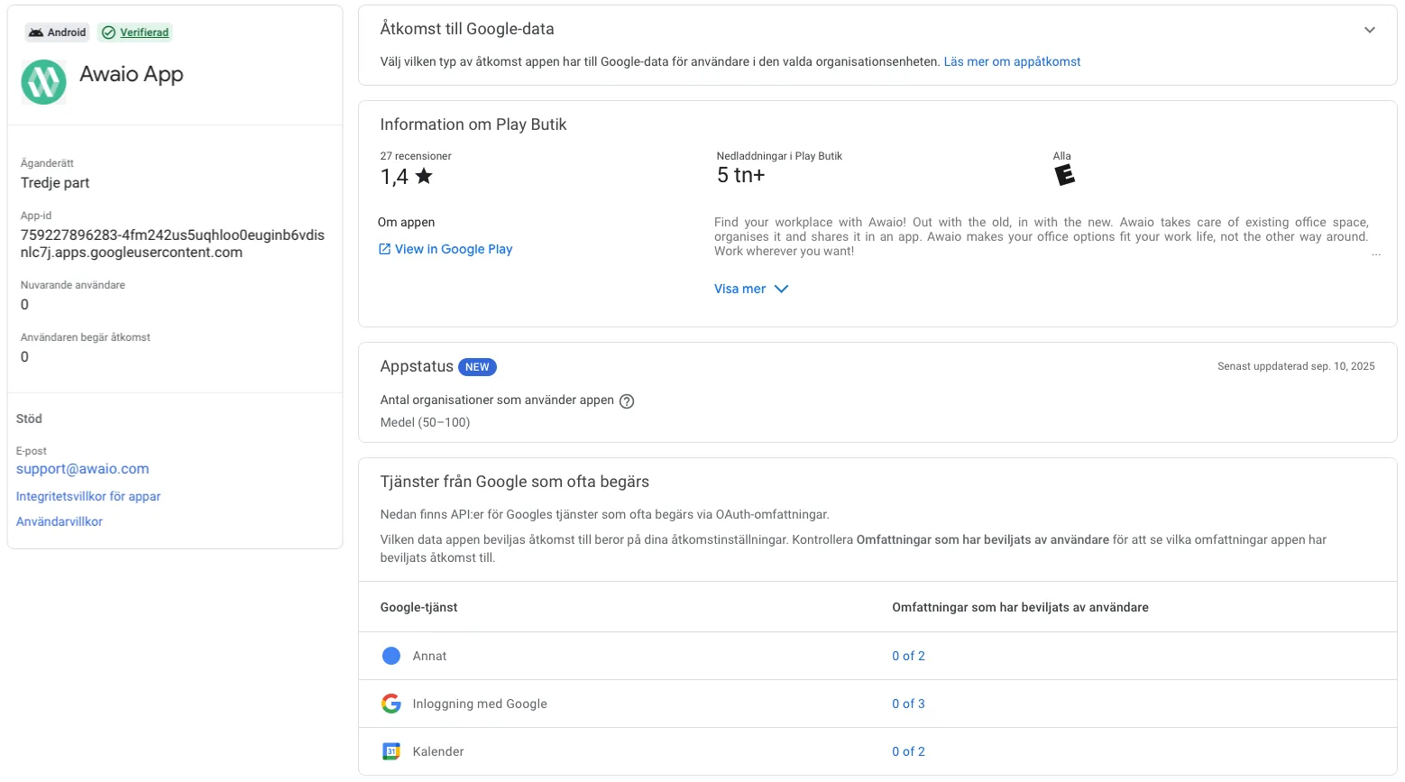 App access details for the Awaio Android app OAuth client