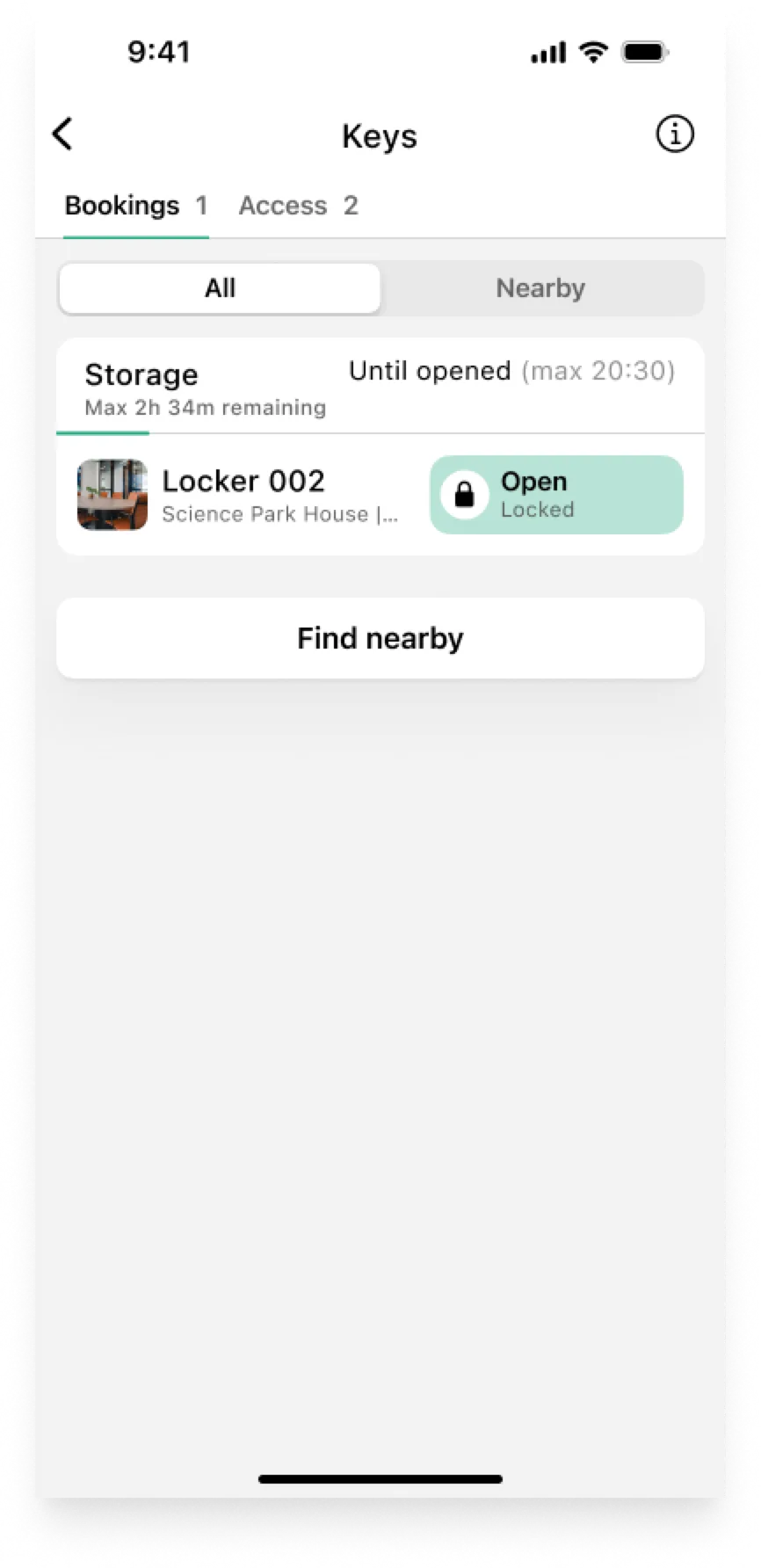 Bookings list showing grabbed locker