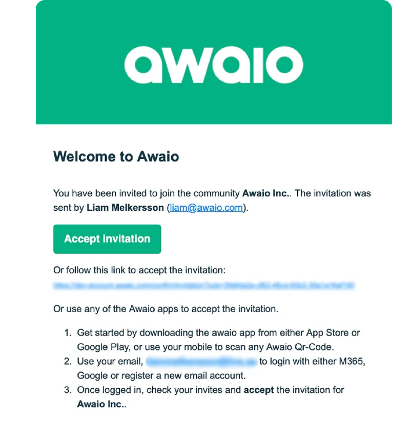 Example invitation email received by the user