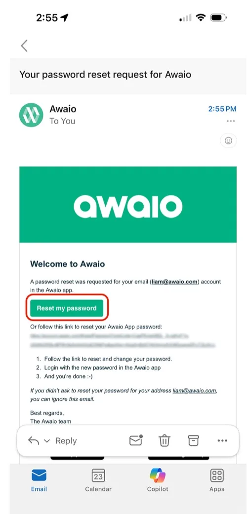 Password reset email