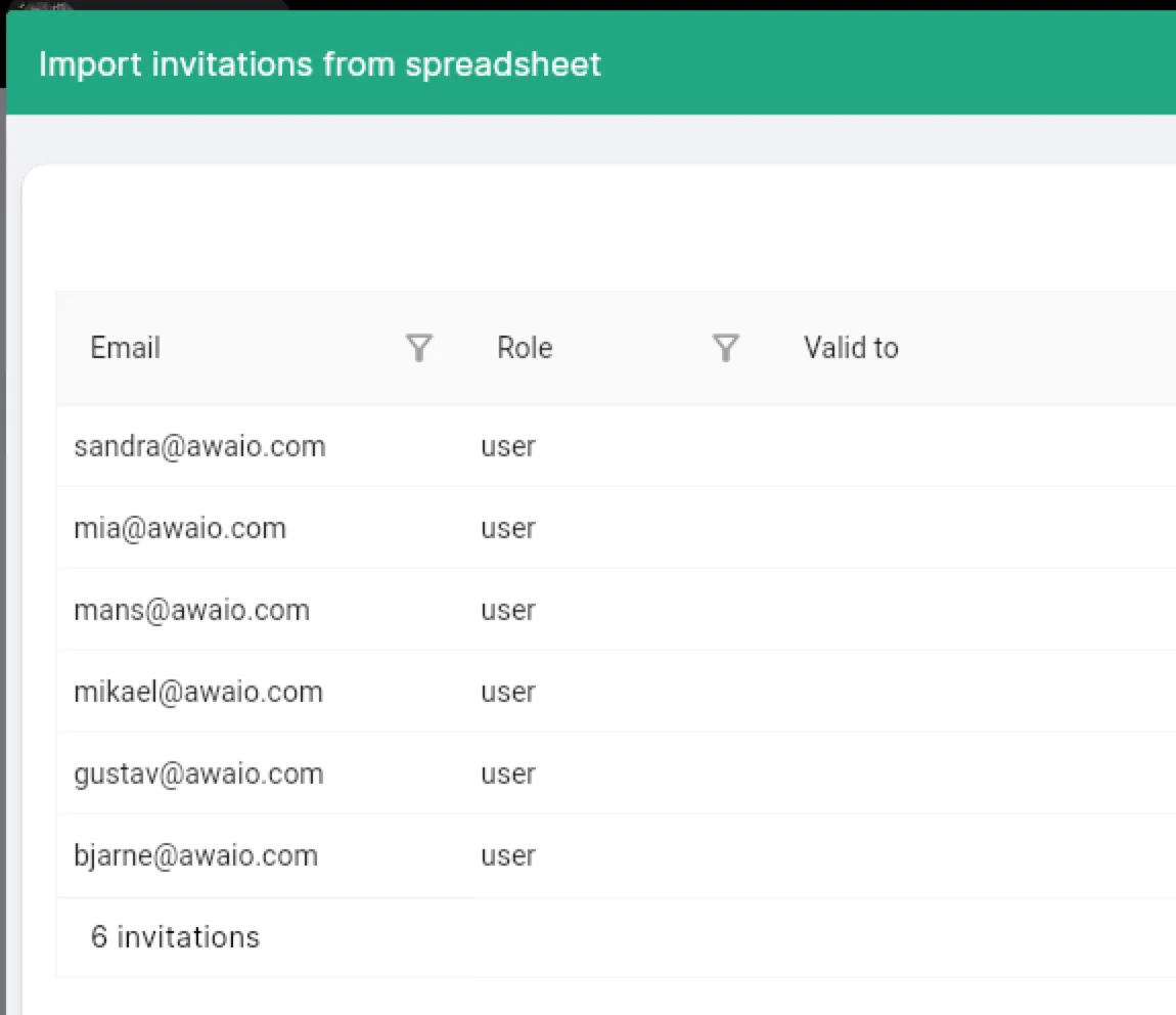 Imported invitations list showing 6 users