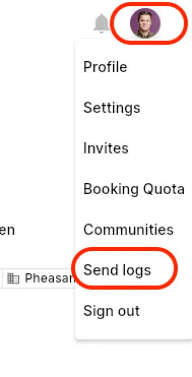 User menu dropdown showing Send logs option
