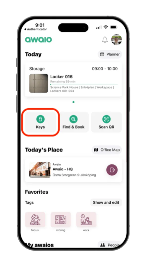 Keys screen in the Awaio app