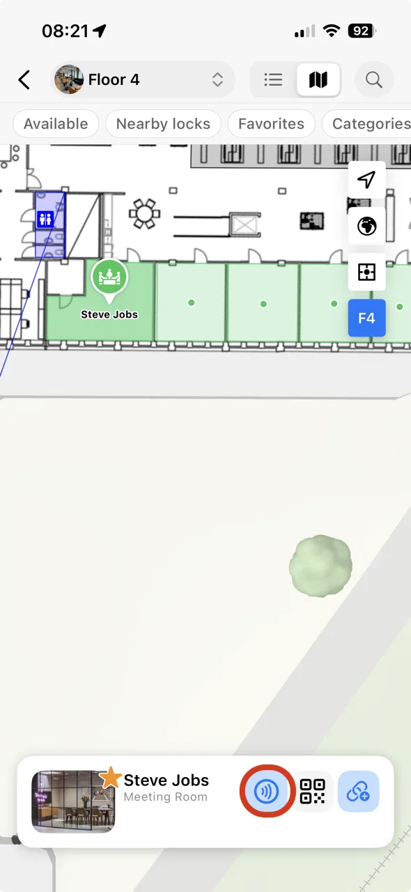 Map view with a meeting room selected and the NFC, QR, and link buttons in the bottom card