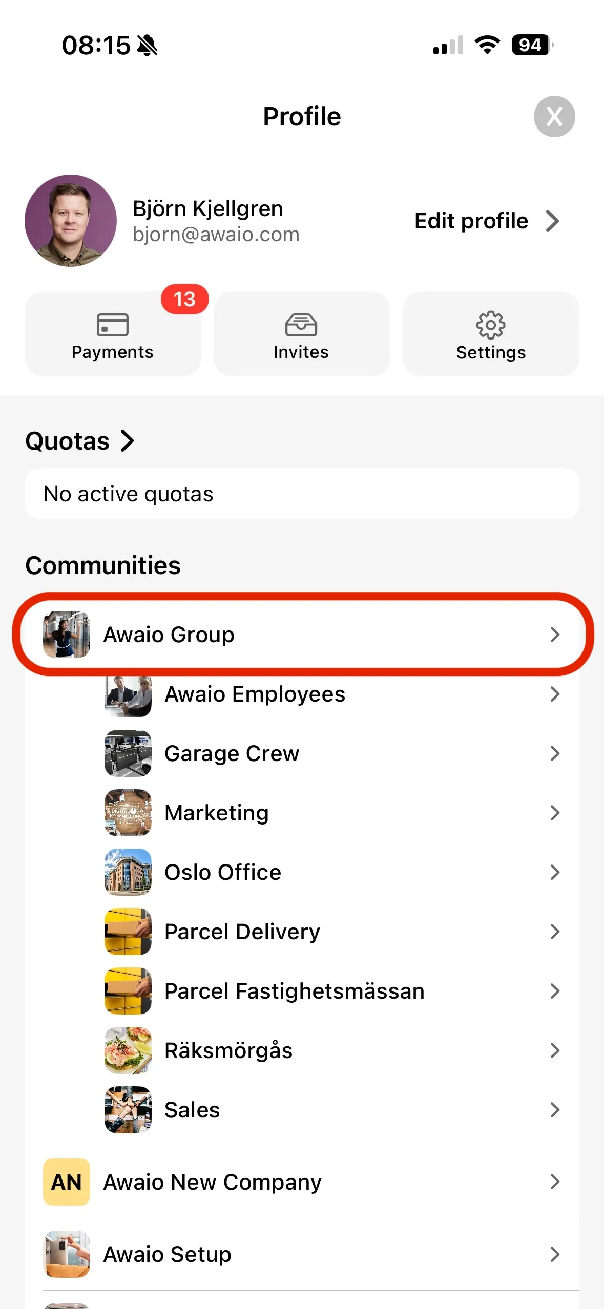 Profile screen with the Communities list