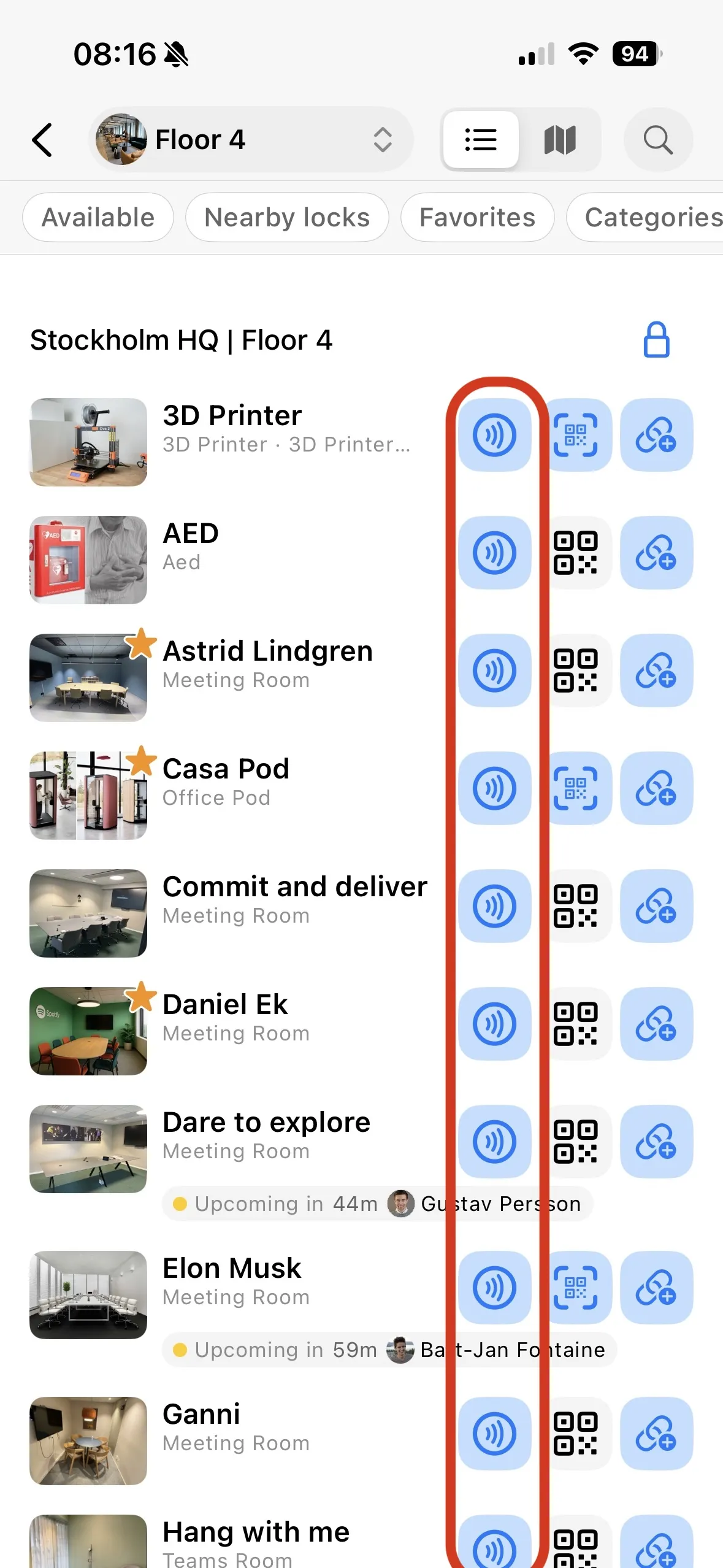 Resource list for Floor 4 showing the NFC, QR, and link buttons on each row