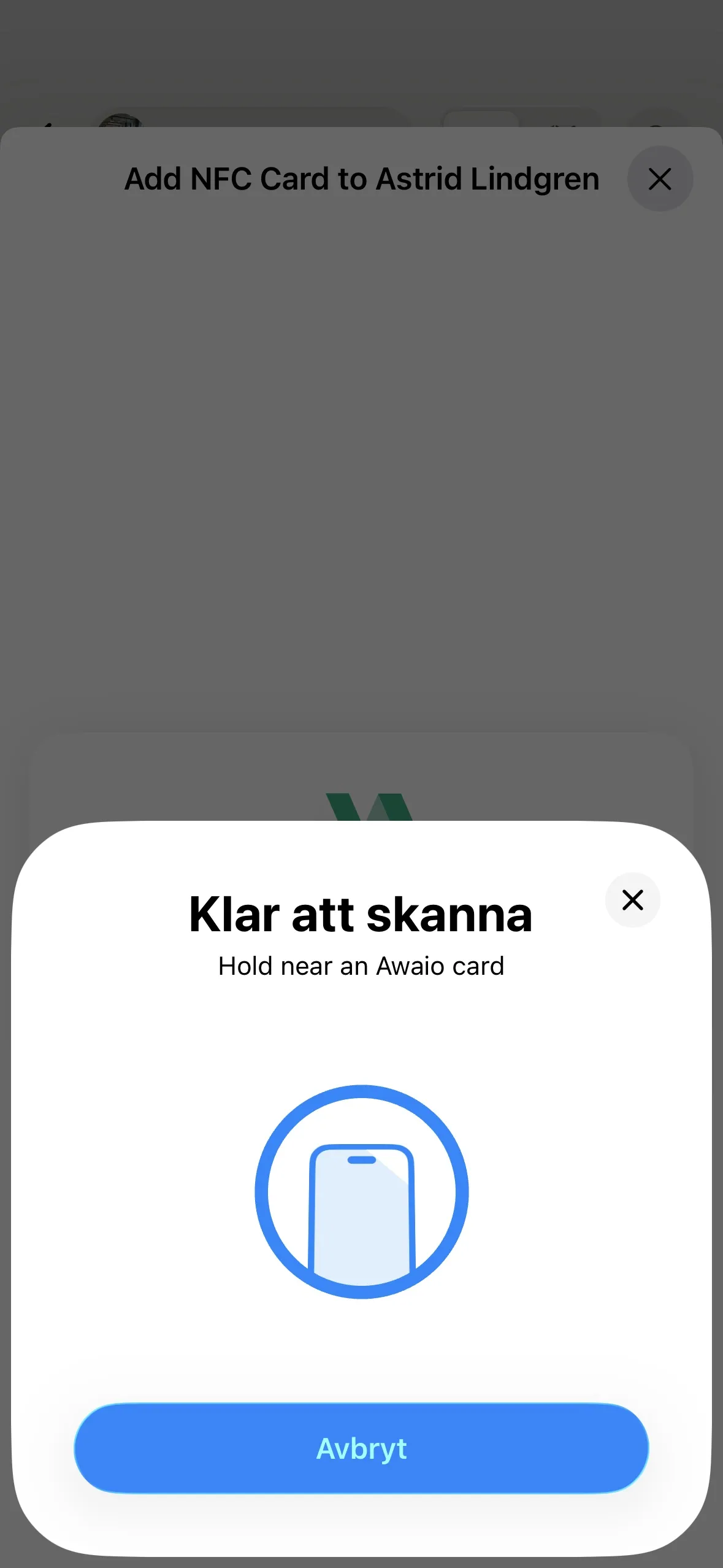 Add NFC Card screen with the scan sheet reading Hold near an Awaio card