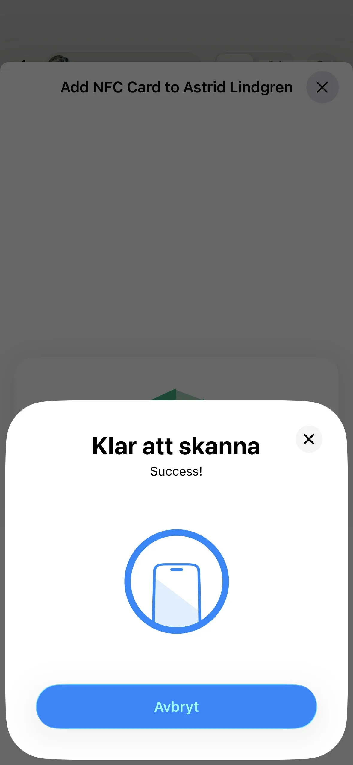 Scan sheet showing Success after the card is read