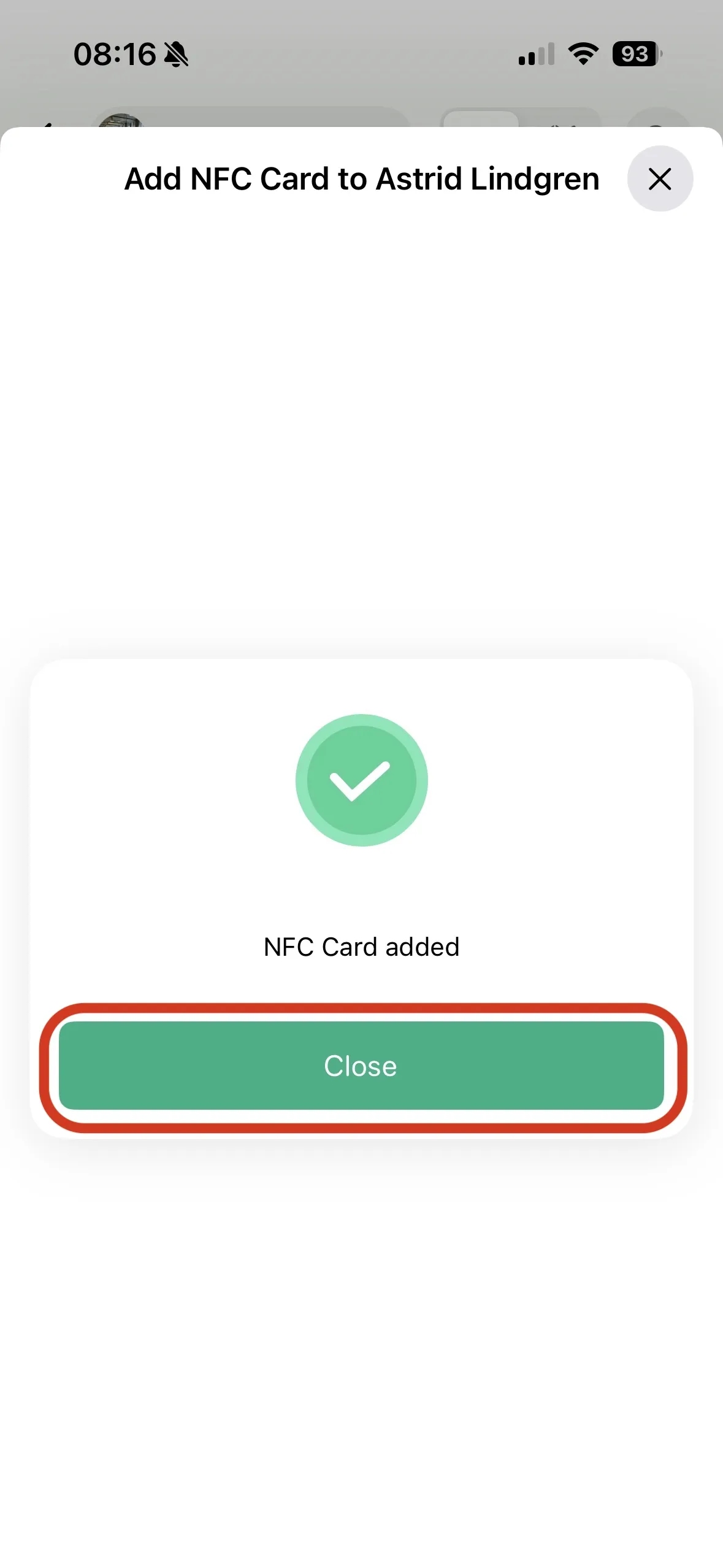 Green confirmation reading NFC Card added with a Close button