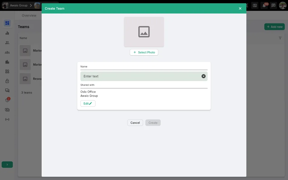 Create Team dialog opens