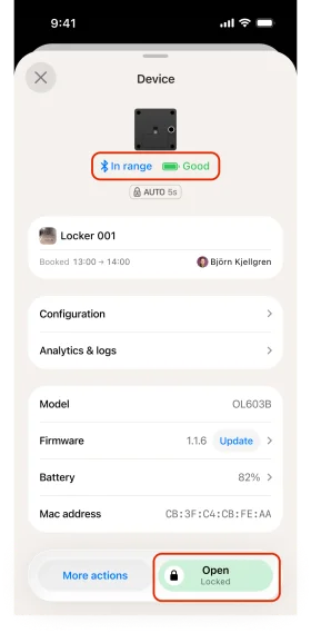 Verify battery level, auto-unlock, and install mode, then tap Unlock to test