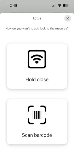 Dialog asking how you want to add the lock to the resource, with Hold close and Scan barcode options