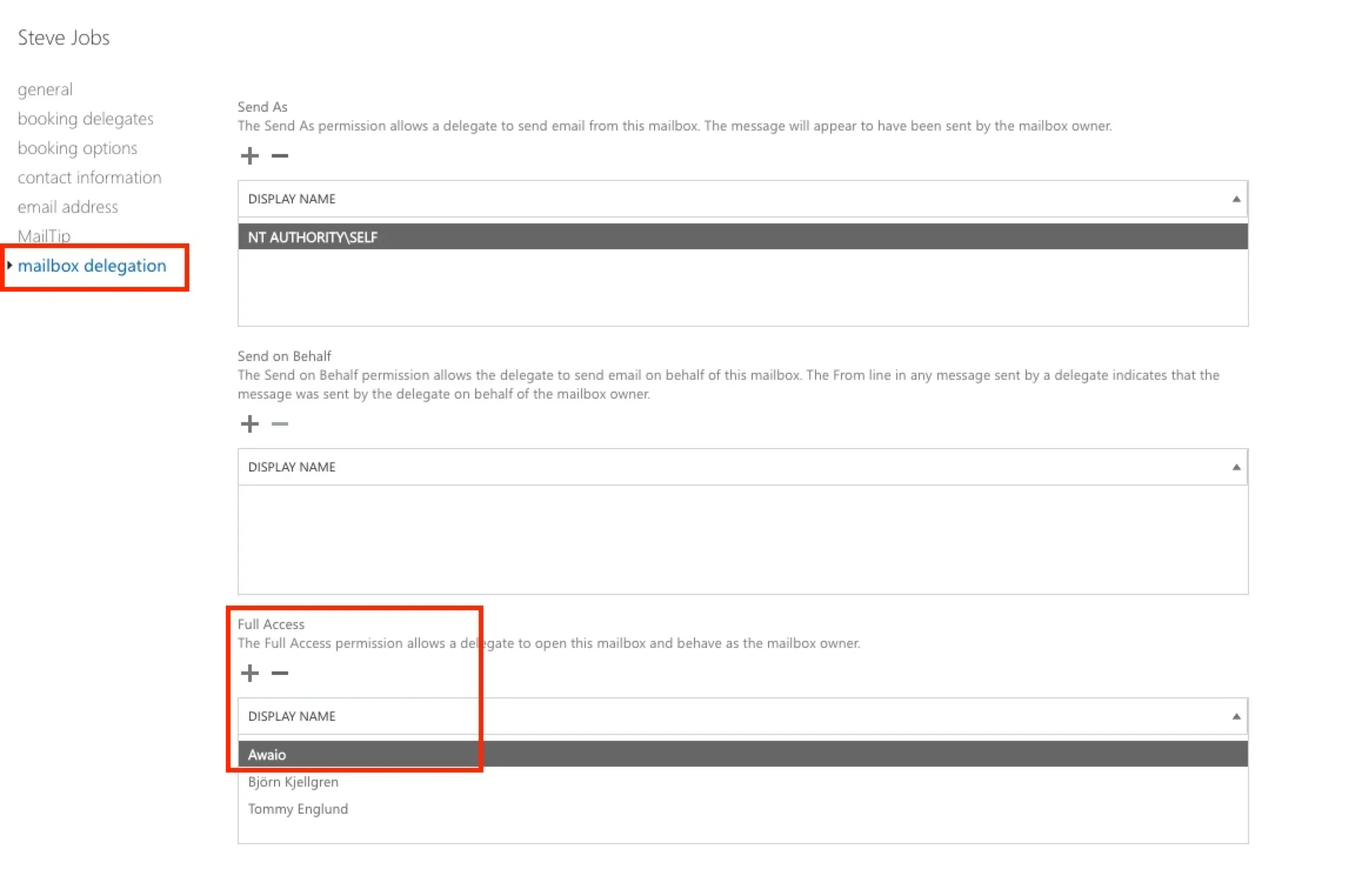 Full Access mailbox delegation for a room, with the Awaio service account added