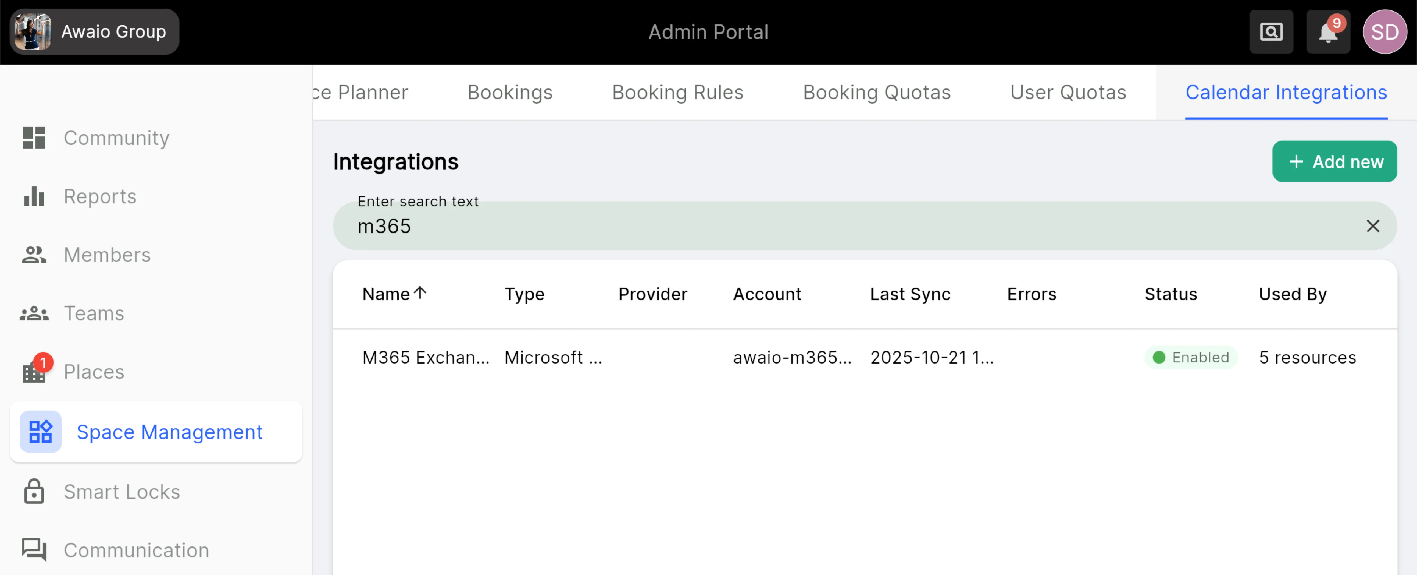Calendar Integrations tab in the Awaio Admin Portal