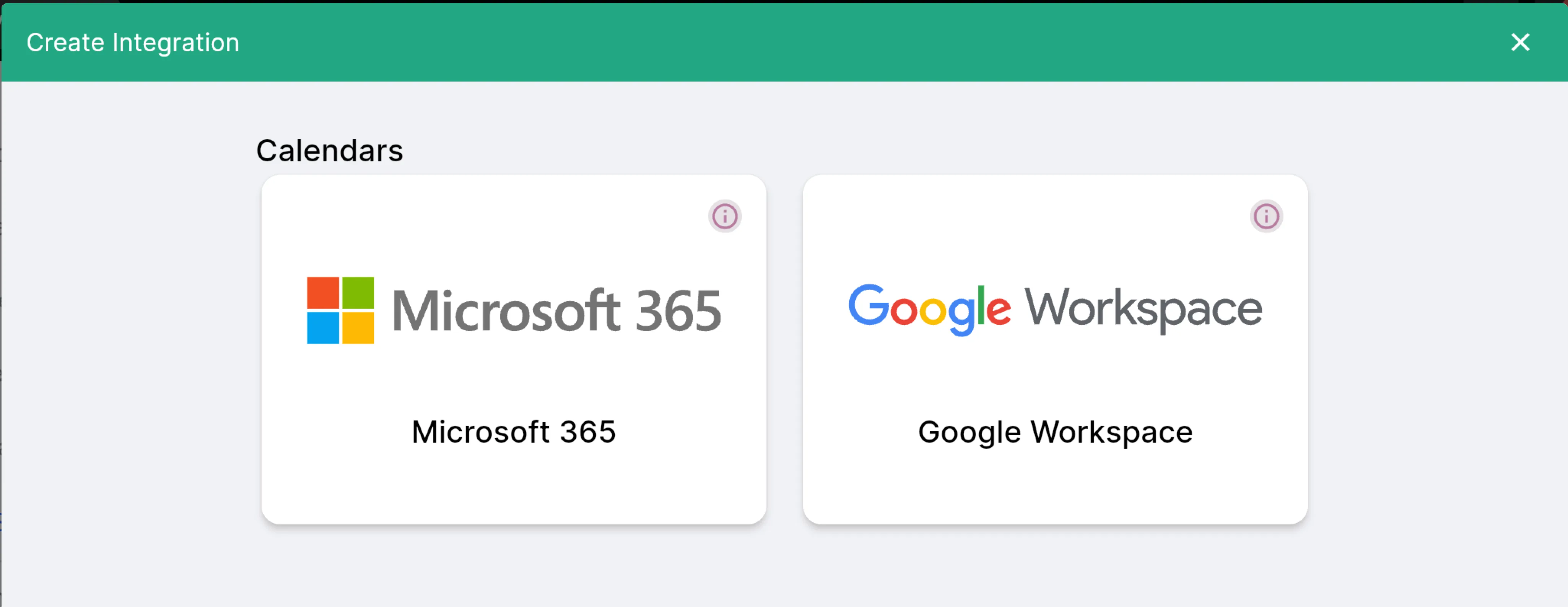 Create Integration dialog with Microsoft 365 and Google Workspace options