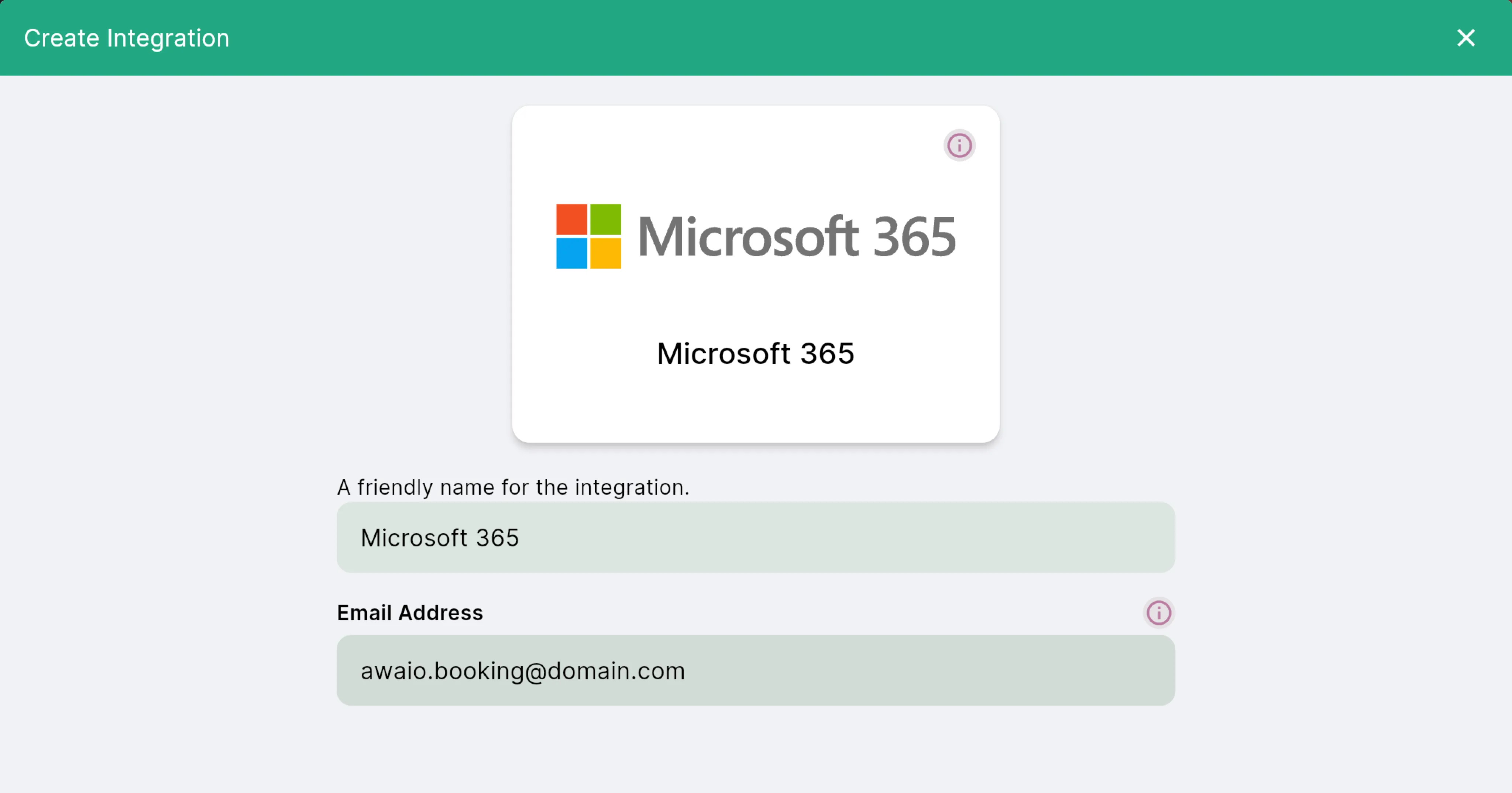 Microsoft 365 integration form with a friendly name and email address field