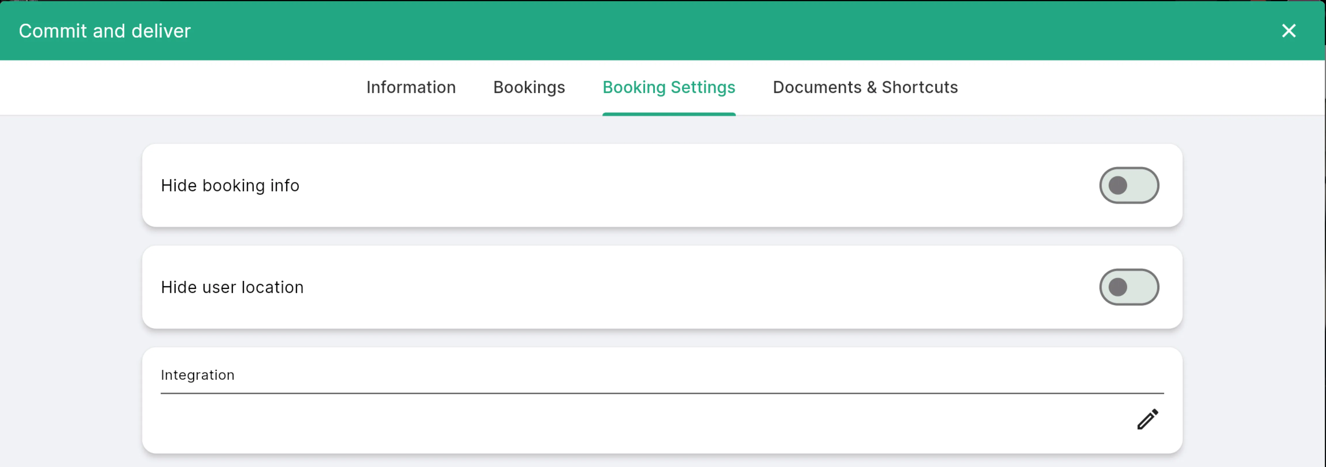 Booking Settings tab with an empty Integration field