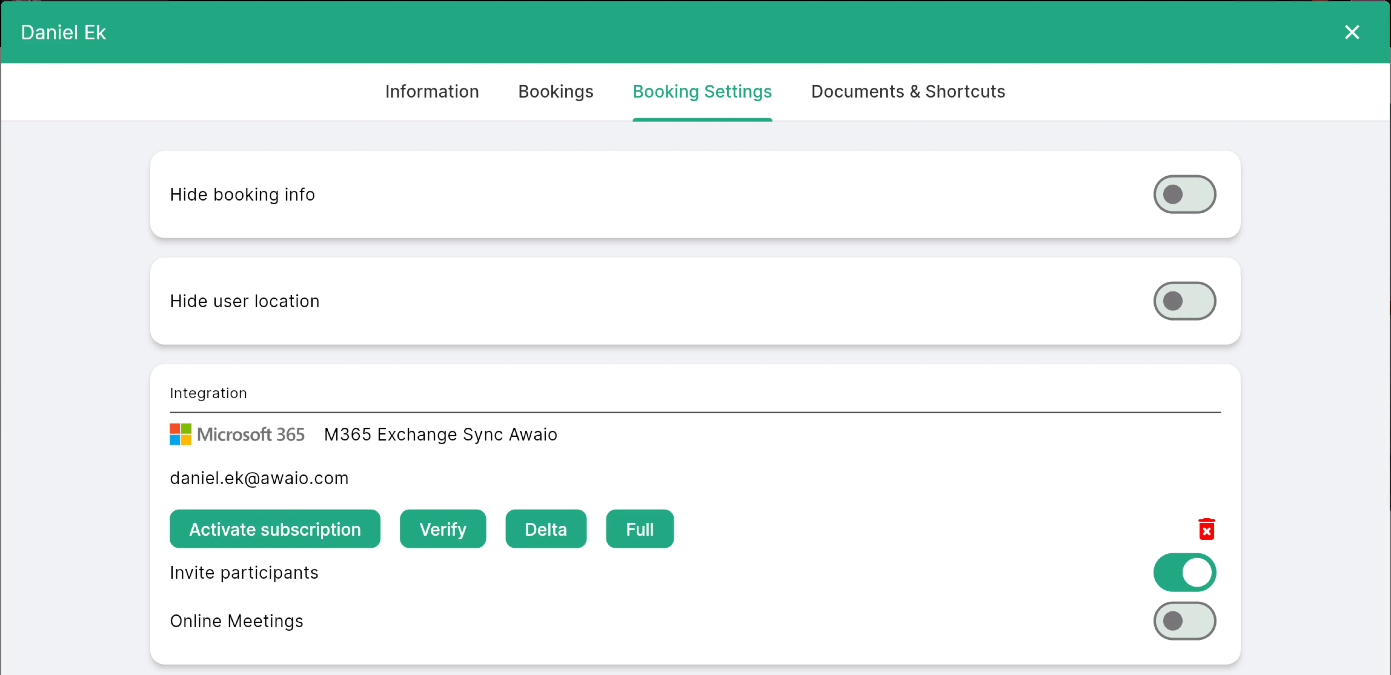Booking Settings with Activate subscription, Verify, Delta, and Full sync options