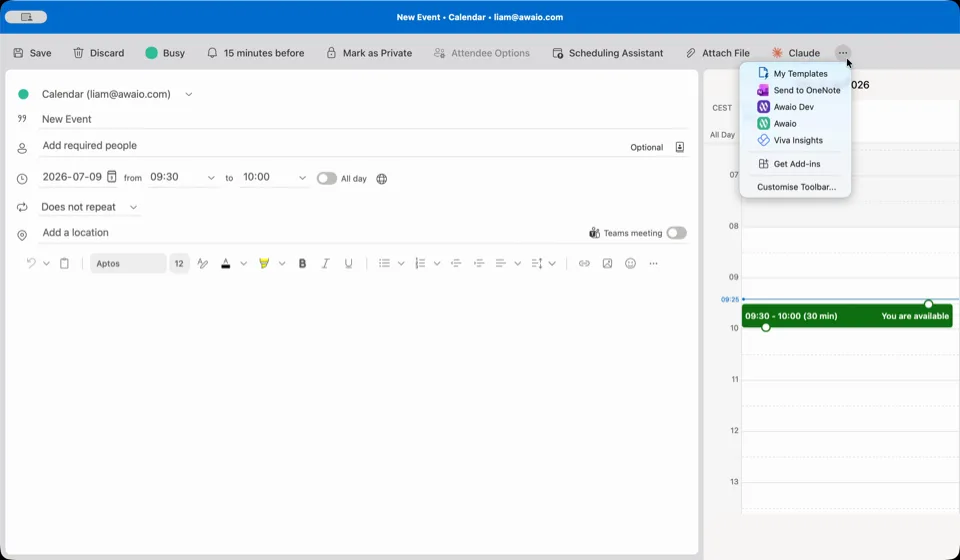 Event window more options menu with Customize Toolbar highlighted