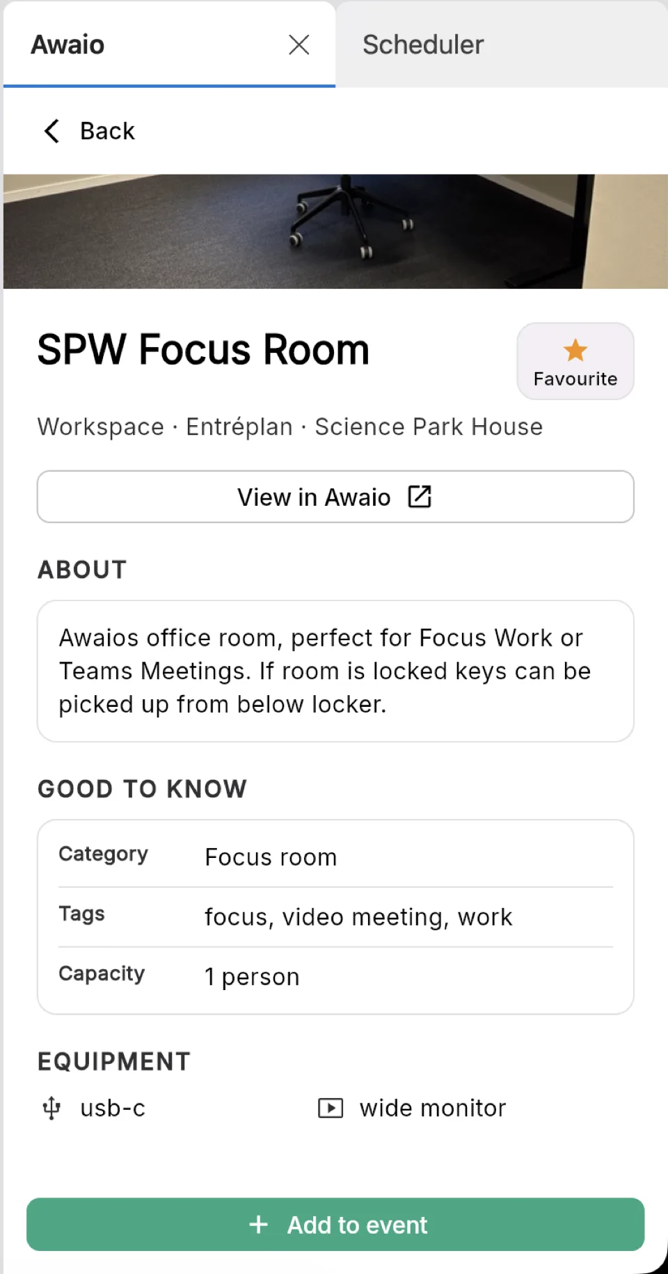 Awaio task pane in Outlook showing a resource detail page with photo, location, description, category, capacity, and equipment
