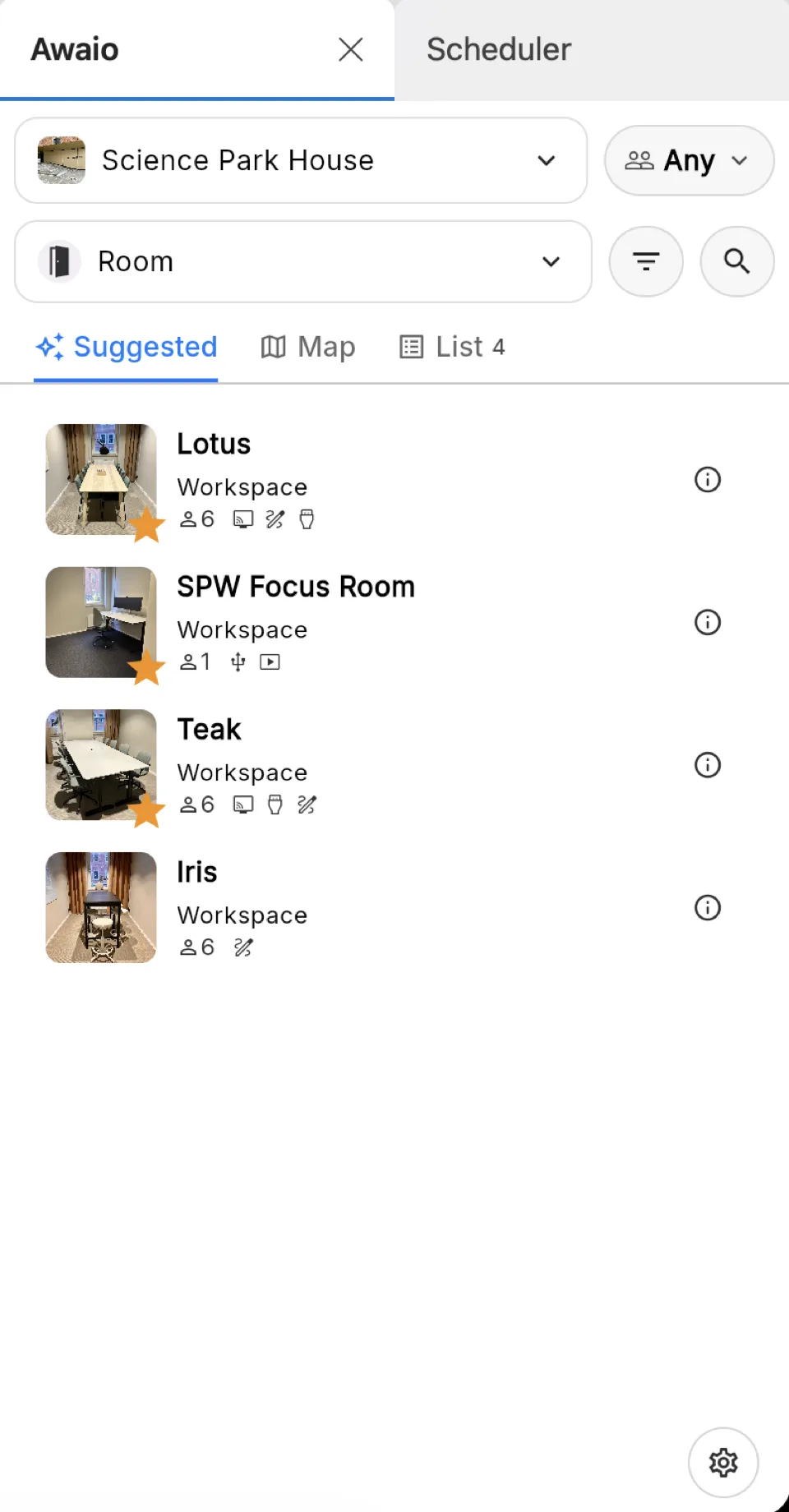 Awaio task pane in Outlook showing suggested rooms in the Suggested tab