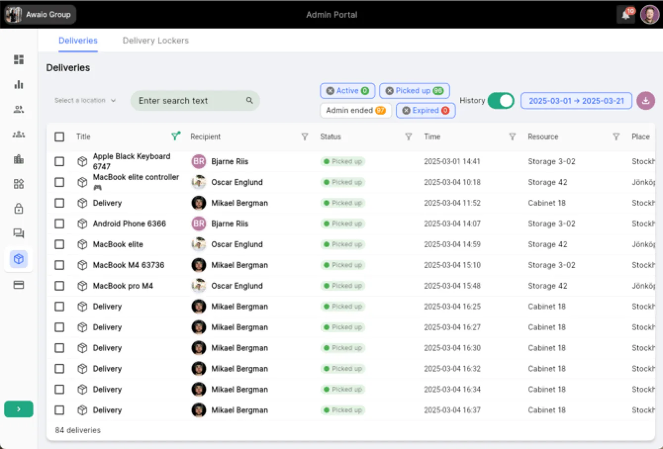 Delivery overview in the web portal