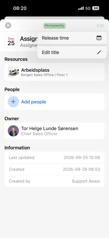 Resource detail view with the Edit menu open showing Release time