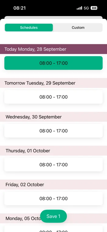 Schedules list with a released day highlighted and the Save button