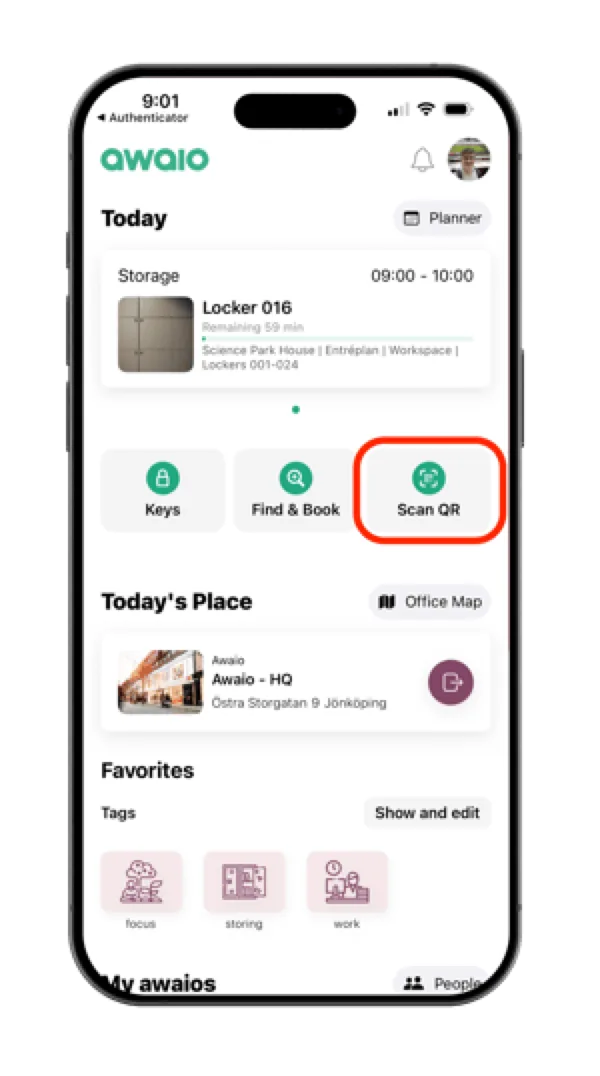 Scan QR screen in the Awaio app