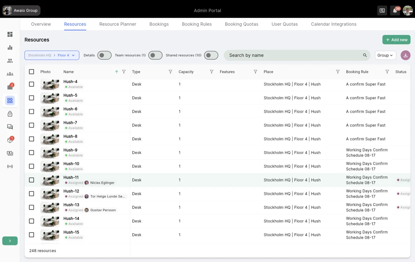 Location selection and resource overview in the Admin portal
