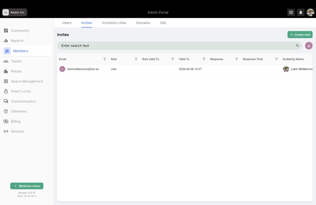 Admin portal Invites page