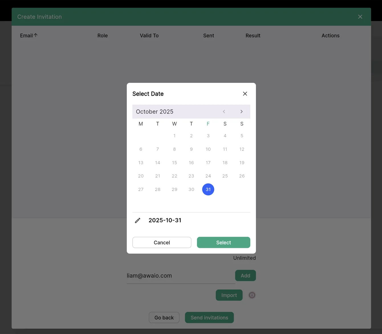 Invitation form with role and time limit options