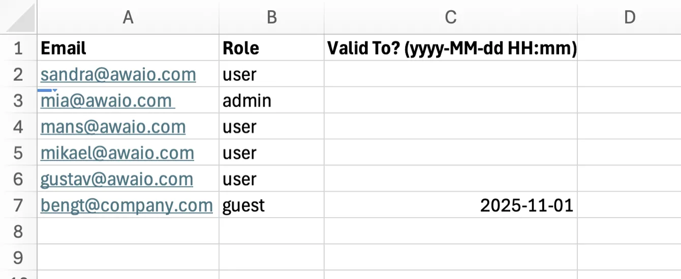 Spreadsheet with Email, Role, and Expiration date columns