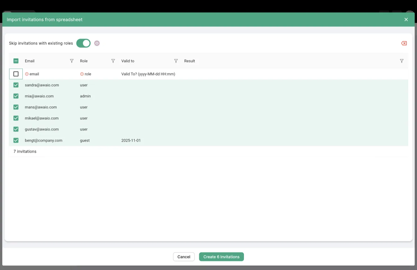 Import confirmation showing invited users