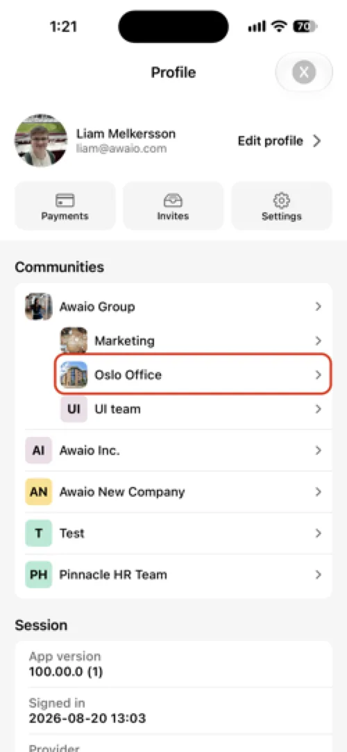 Tap your profile picture and select your community