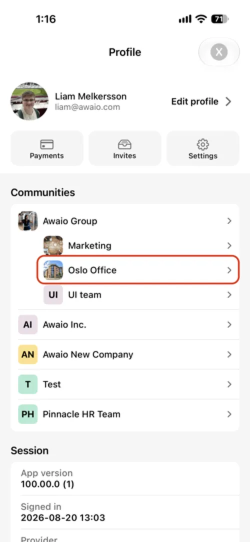 Tap your profile picture and select your community