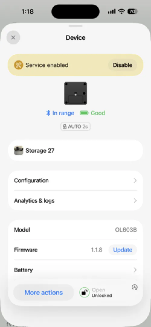Service enabled banner shown on the device details screen