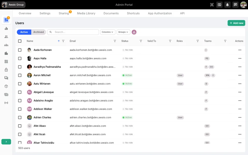 Users list showing Status, Roles, and Teams columns