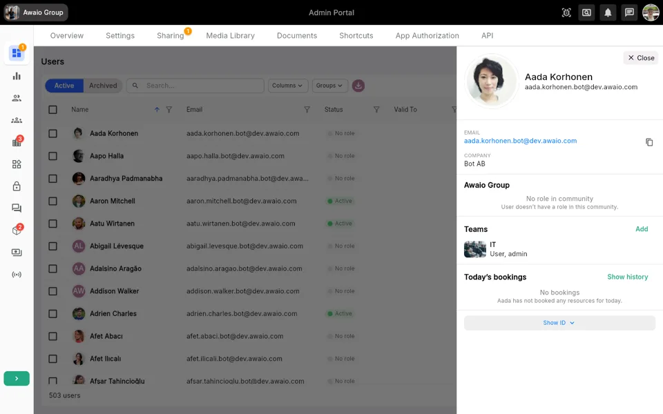 User details drawer showing role and team information
