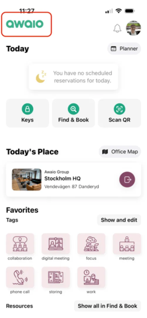 Homescreen showing company logo location
